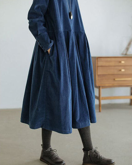 Women's Round Neck Low Waist Pleated Velvet Dress