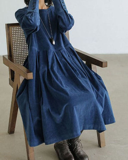 Women's Round Neck Low Waist Pleated Velvet Dress