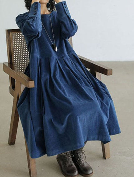 Women's Round Neck Low Waist Pleated Velvet Dress