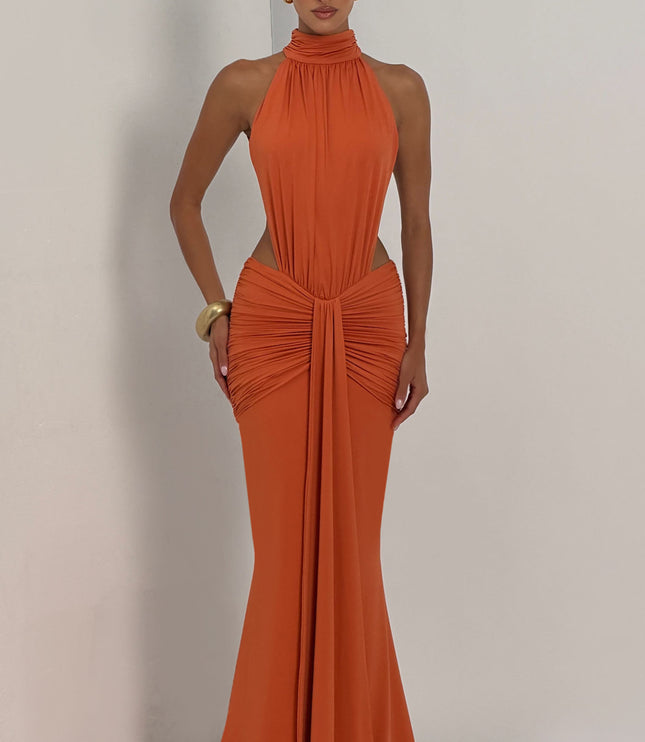 Vestido maxi halter sin mangas para mujer con espalda descubierta y fruncido