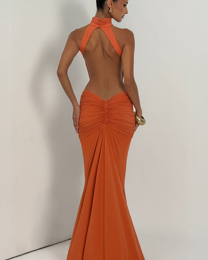 Vestido maxi halter sin mangas para mujer con espalda descubierta y fruncido