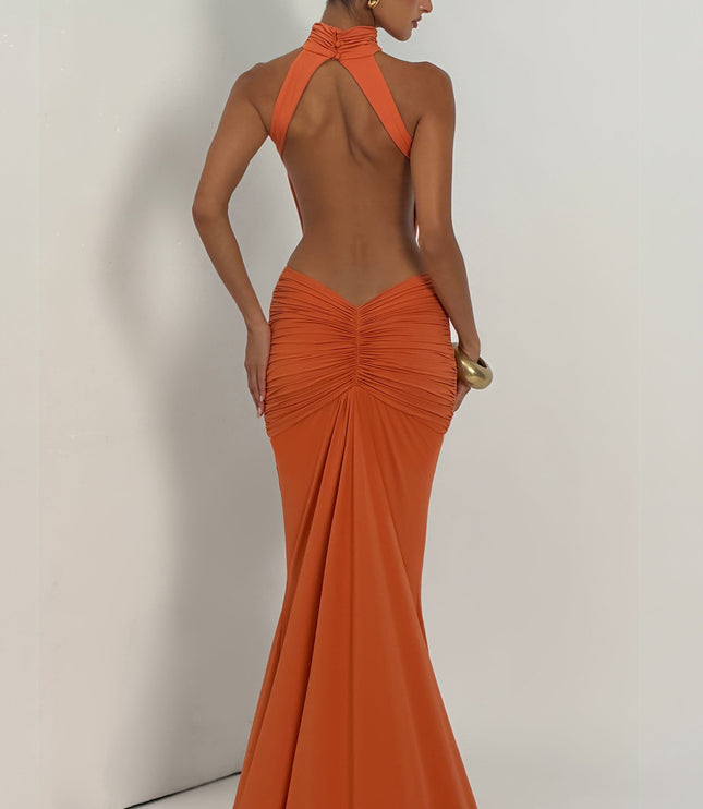 Vestido maxi halter sin mangas para mujer con espalda descubierta y fruncido