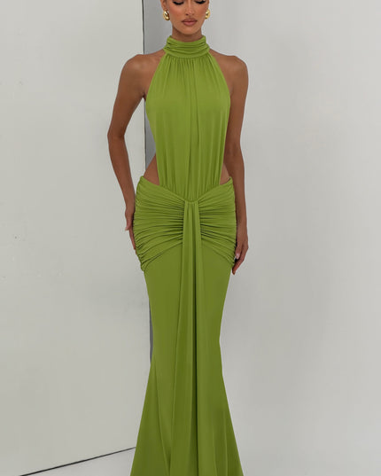 Vestido maxi halter sin mangas para mujer con espalda descubierta y fruncido