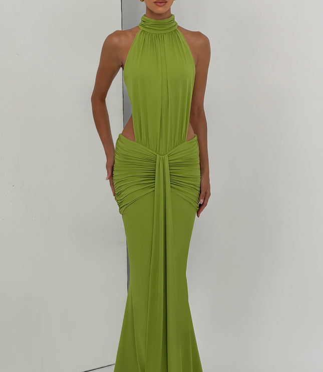 Vestido maxi halter sin mangas para mujer con espalda descubierta y fruncido
