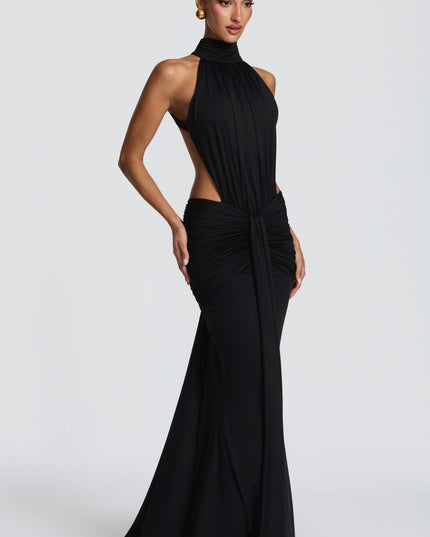 Vestido maxi halter sin mangas para mujer con espalda descubierta y fruncido