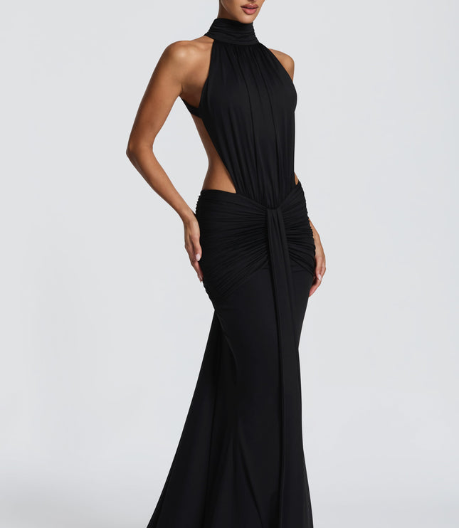 Vestido maxi halter sin mangas para mujer con espalda descubierta y fruncido