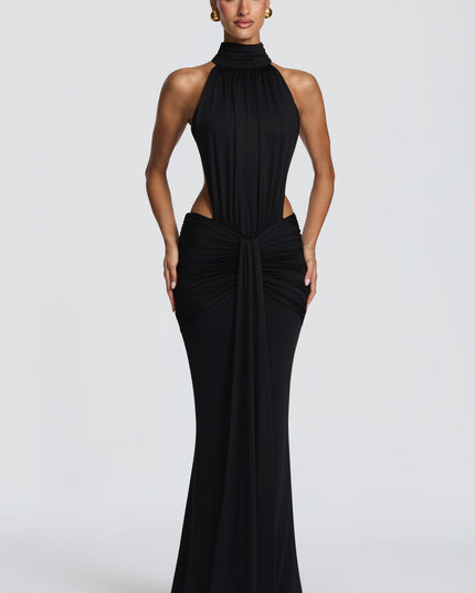 Vestido maxi halter sin mangas para mujer con espalda descubierta y fruncido