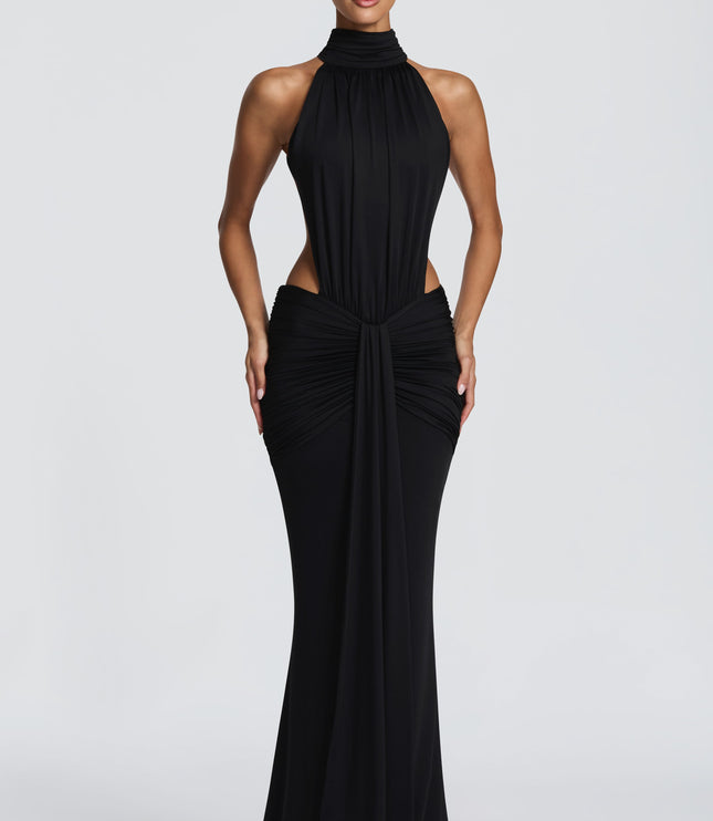 Vestido maxi halter sin mangas para mujer con espalda descubierta y fruncido