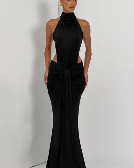 Vestido maxi halter sin mangas para mujer con espalda descubierta y fruncido
