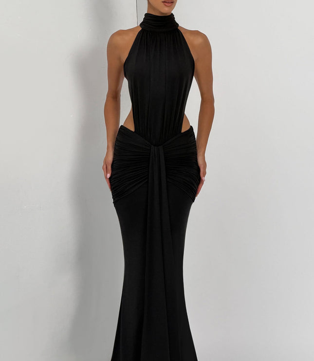 Vestido maxi halter sin mangas para mujer con espalda descubierta y fruncido