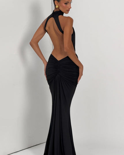 Vestido maxi halter sin mangas para mujer con espalda descubierta y fruncido