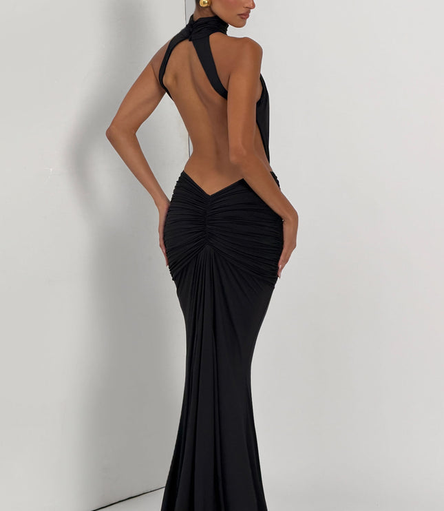Vestido maxi halter sin mangas para mujer con espalda descubierta y fruncido
