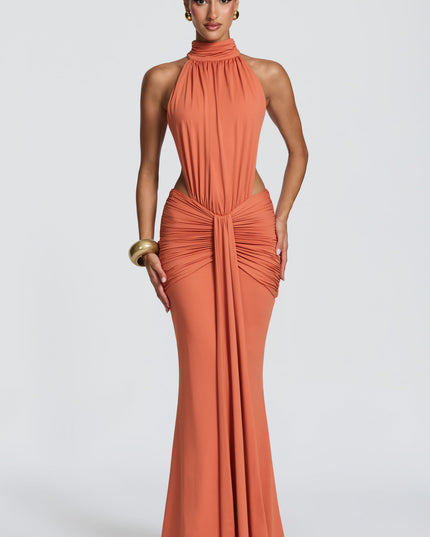 Vestido maxi halter sin mangas para mujer con espalda descubierta y fruncido
