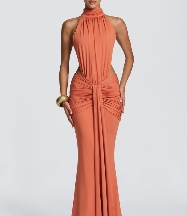 Vestido maxi halter sin mangas para mujer con espalda descubierta y fruncido