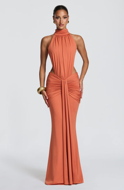 Vestido maxi halter sin mangas para mujer con espalda descubierta y fruncido