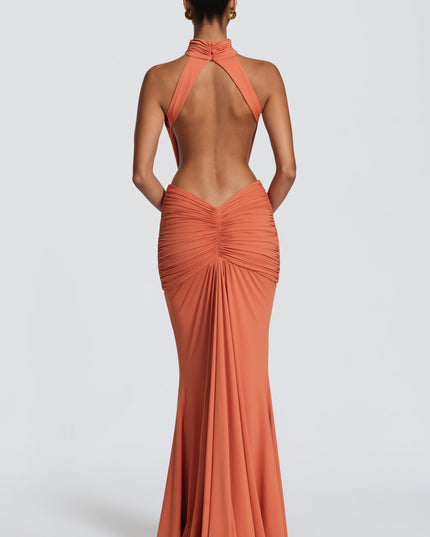 Vestido maxi halter sin mangas para mujer con espalda descubierta y fruncido