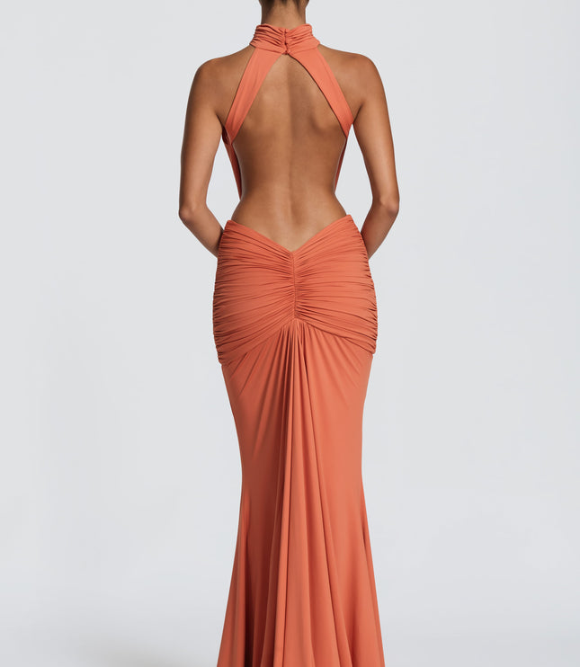 Vestido maxi halter sin mangas para mujer con espalda descubierta y fruncido