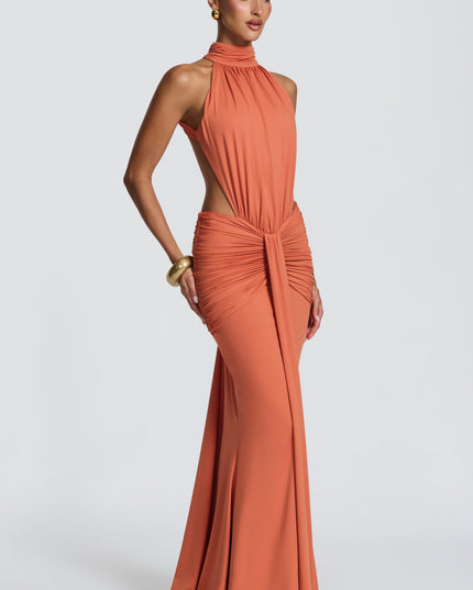 Vestido maxi halter sin mangas para mujer con espalda descubierta y fruncido