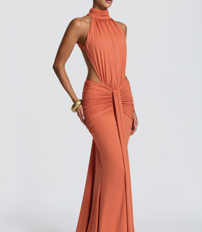 Vestido maxi halter sin mangas para mujer con espalda descubierta y fruncido