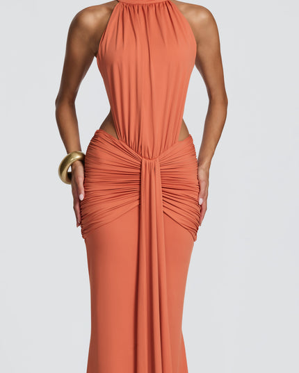 Vestido maxi halter sin mangas para mujer con espalda descubierta y fruncido