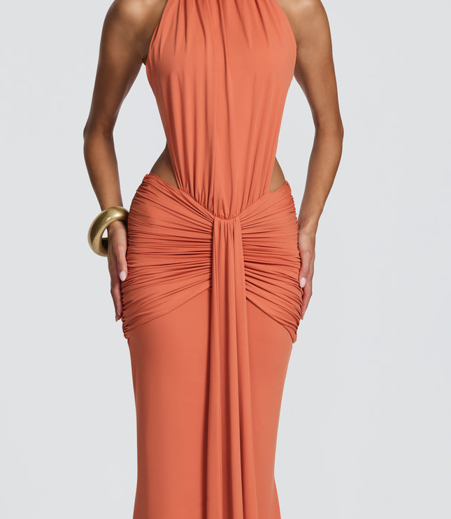 Vestido maxi halter sin mangas para mujer con espalda descubierta y fruncido