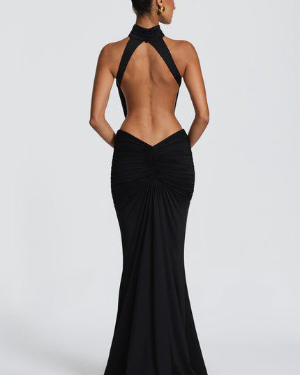 Vestido maxi halter sin mangas para mujer con espalda descubierta y fruncido