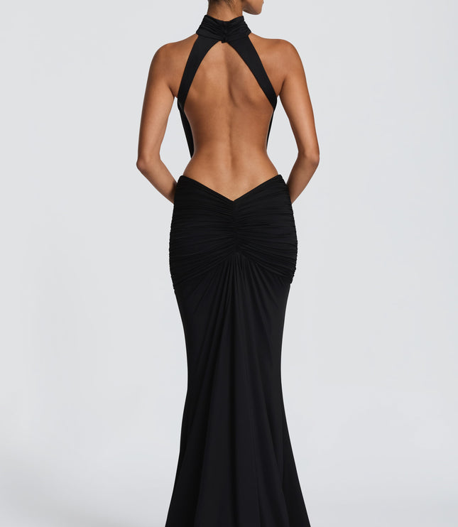 Vestido maxi halter sin mangas para mujer con espalda descubierta y fruncido
