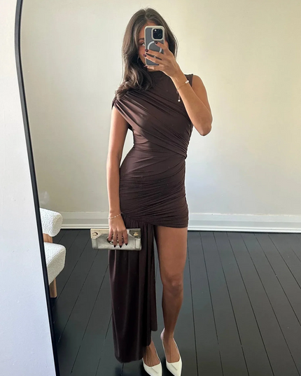 Women's Ruched Mini Party Dress with Draped Side Panel