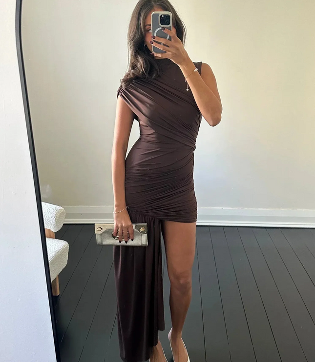Women's Ruched Mini Party Dress with Draped Side Panel