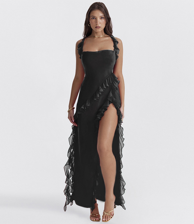 Black ruffled square neck maxi dress with high leg slit