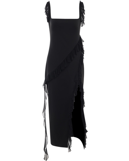 Black ruffled maxi dress flat lay showing full length design