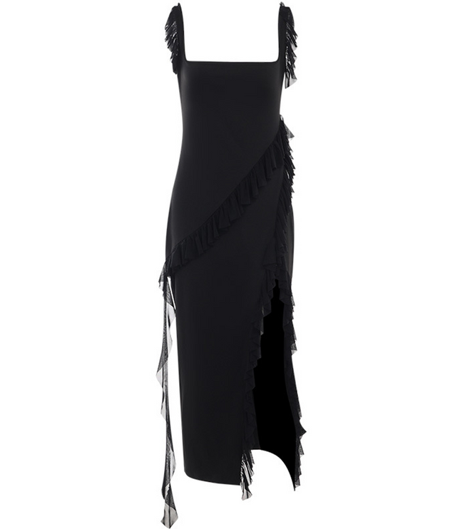 Black ruffled maxi dress flat lay showing full length design