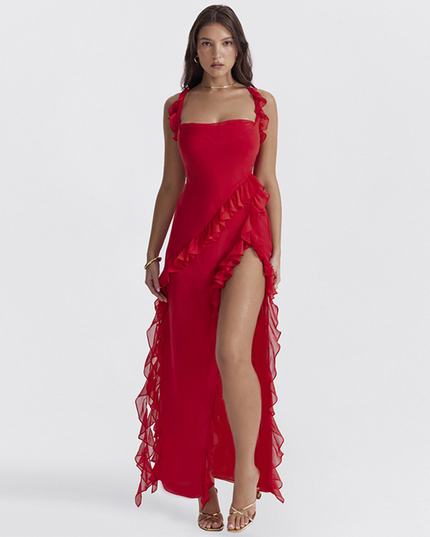 Red ruffled square neck maxi dress with cascading side ruffles