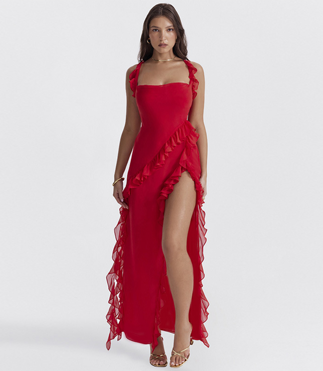 Red ruffled square neck maxi dress with cascading side ruffles