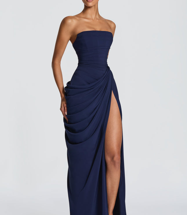 Vestido maxi de cóctel de satén sin tirantes con corsé para mujer
