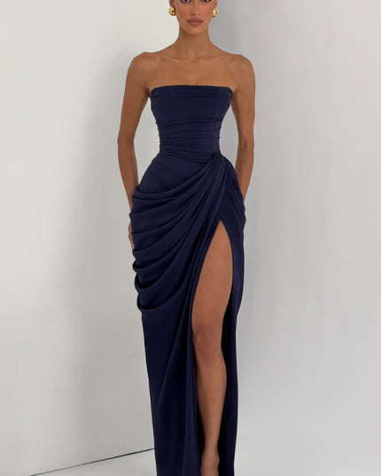 Vestido maxi de cóctel de satén sin tirantes con corsé para mujer