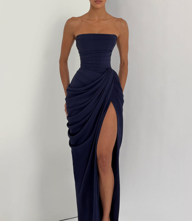 Vestido maxi de cóctel de satén sin tirantes con corsé para mujer