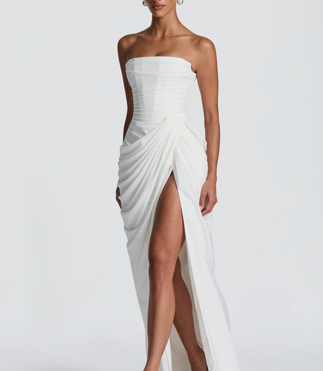 Vestido maxi de cóctel de satén sin tirantes con corsé para mujer