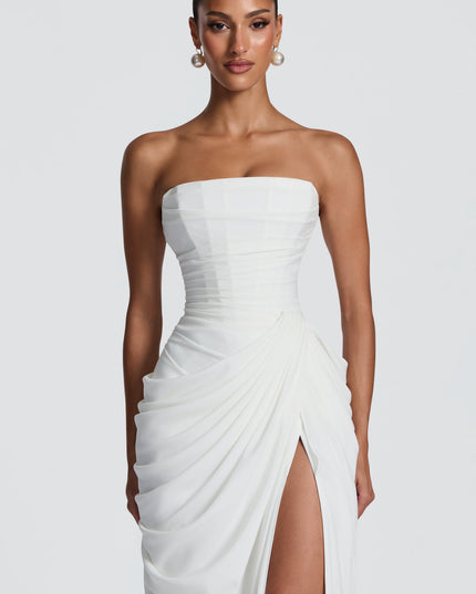 Vestido maxi de cóctel de satén sin tirantes con corsé para mujer