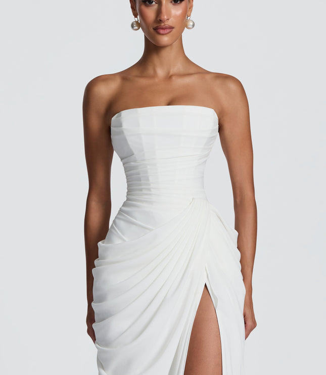 Vestido maxi de cóctel de satén sin tirantes con corsé para mujer