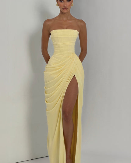 Vestido maxi de cóctel de satén sin tirantes con corsé para mujer
