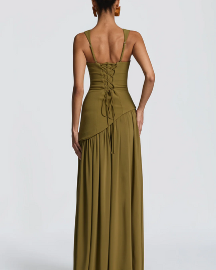 Vestido maxi con acabado satinado y tirantes ajustables para mujer