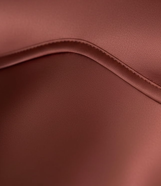 Close-up of rust satin maxi dress fabric showing smooth sheen and curved seam detail