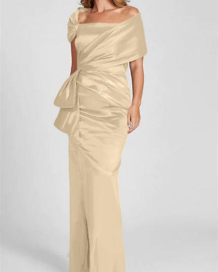 Champagne satin off-shoulder maxi dress with side-tie wrap and elegant draping
