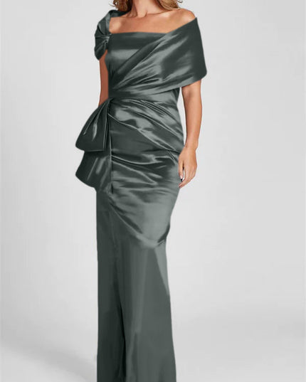 Off-shoulder satin maxi dress in sage green with ruched bodice and side bow detail