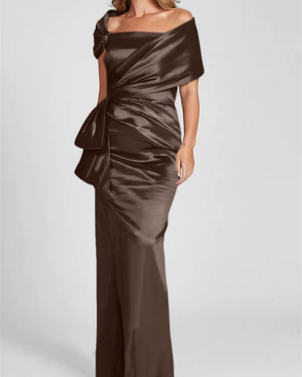 Off-shoulder satin maxi dress in chocolate brown with draped neckline and gathered waist