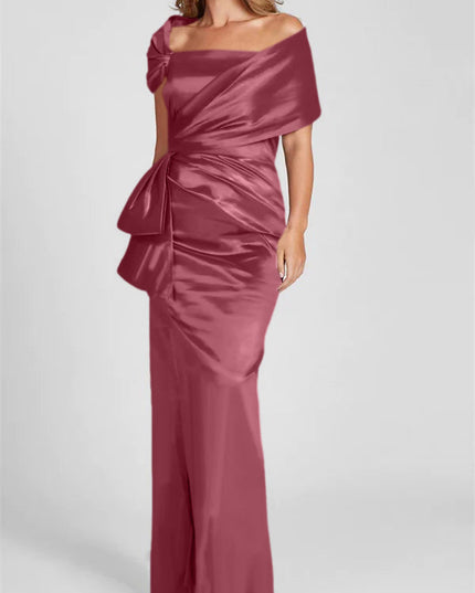 Off-shoulder satin maxi dress in burgundy wine with side knot and ruched silhouette