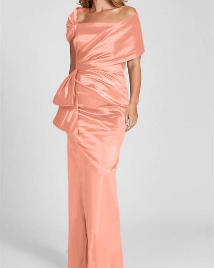 Off-shoulder satin maxi dress in coral peach with wrapped bodice and side bow accent