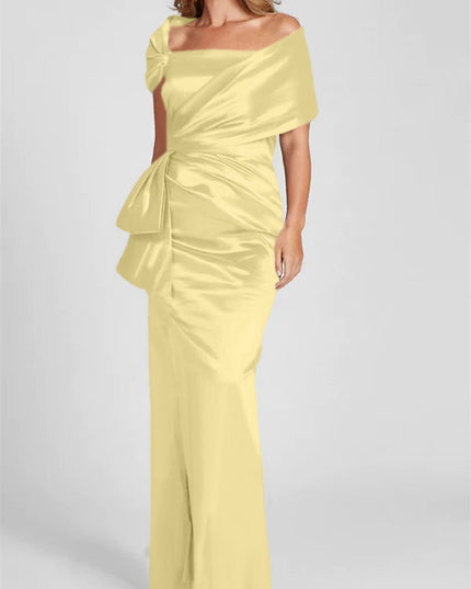 Off-shoulder satin maxi dress in pale yellow with draped sleeves and gathered waist detail