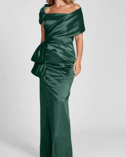 Off-shoulder satin maxi dress in forest green with side knot bow and ruched bodice
